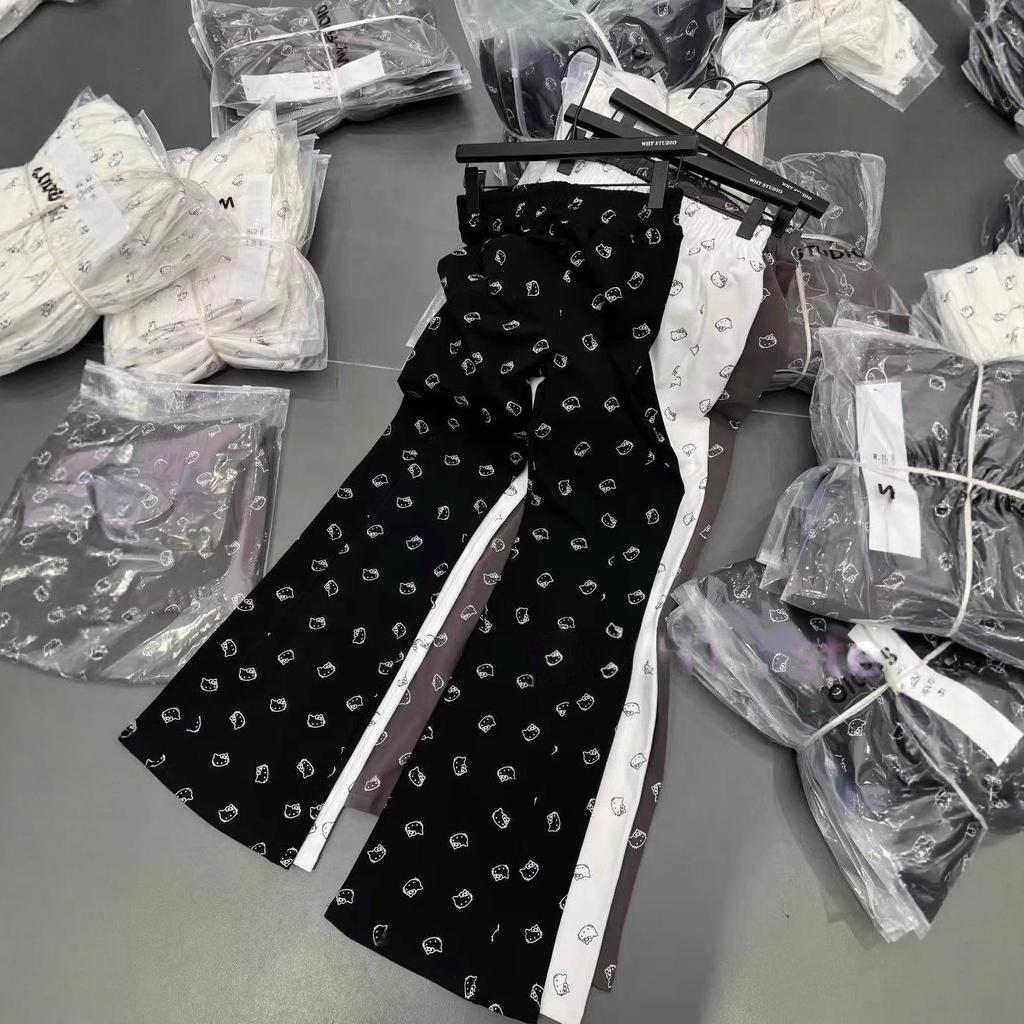 High Waist Blue Smiley Micro Flare Wide Leg Pants for Women - Slimming, Floor-Length, Spring/Autumn, Straight Loose Fit