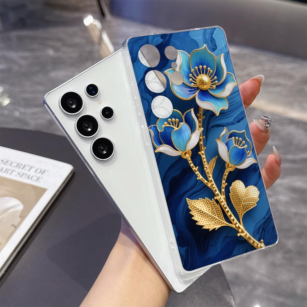 Cyan Enamel Flowers with Gold Case for Samsung Galaxy S26 S25 S24 S23 S22 S21 S20 FE Plus Soft TPU Slim Fit Shockproof Cover
