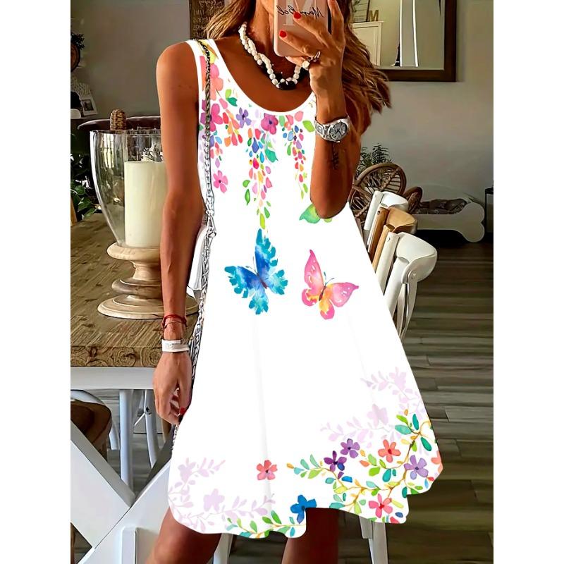 Ladies  fashionable and elegant 3D flowing gold butterfly printed vest dress S разноцветный