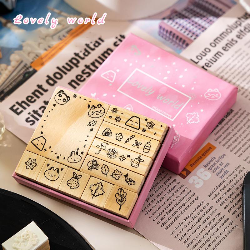 Dream And Cherries Stamps Wooden Seal Set Gift Box Diary Diy Bookkeeping Seal Decoration Material Fun Cartoon Seal Bookkeeping