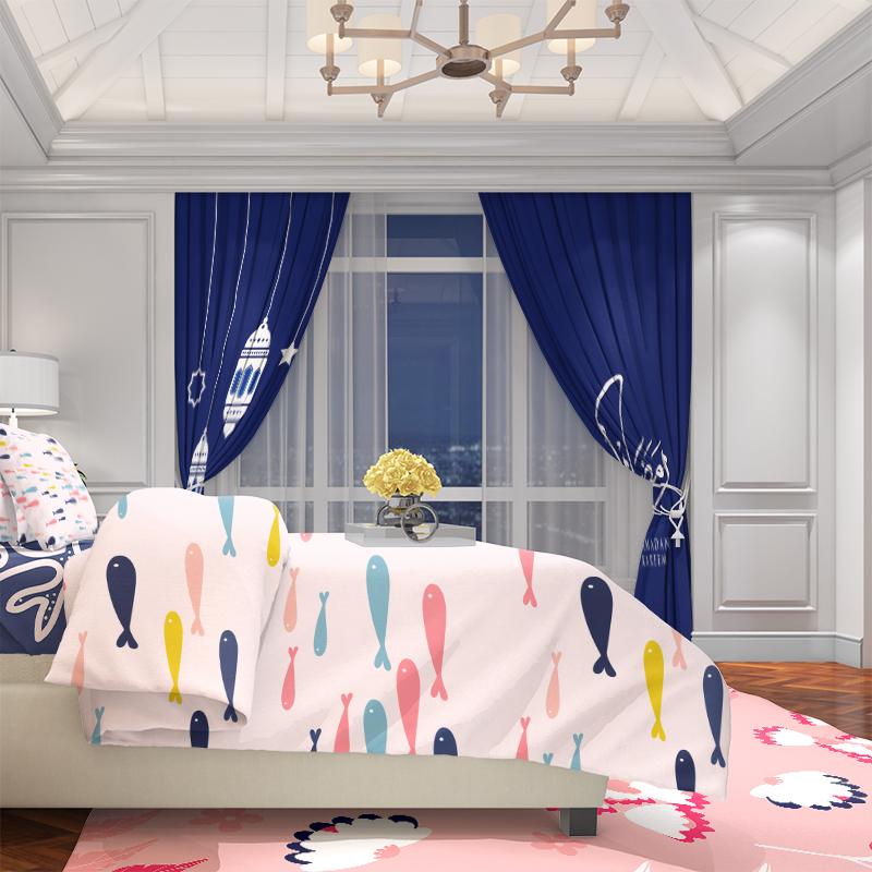 2PCS Ramadan Auspicious (Lantern) Prayer Ramadan Blue Printed Curtain Polyester Material Suitable for Bedroom Living Room,