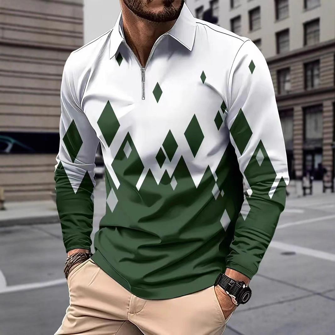 

Men s Plus Size Digital Print Long Sleeve Polo Shirt with Turn-Down Collar - European & American Style for Spring and Autumn 3XL зелений