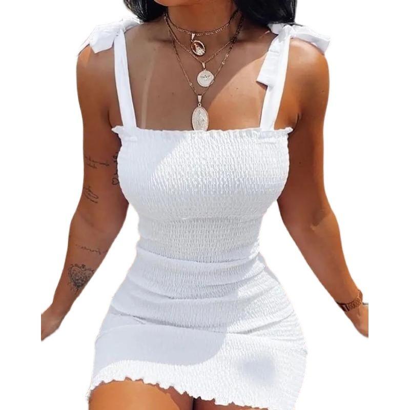 Small Summer New Arrival off-Neck White Flowers Print Silm Elastic Hip Tied Spaghetti-Strap Dress Women