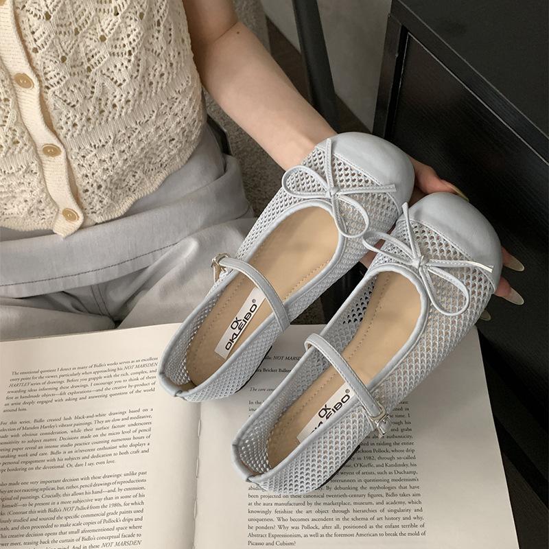 Flat-bottomed mesh breathable Mary Jane single shoes women's summer new gentle evening bow sandals mesh shoes