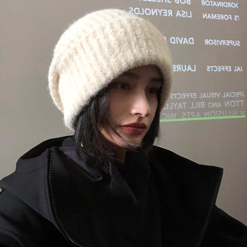 Wool Solid Color Knitted Hat for Women In Autumn and Winter Versatile Big Head Circumference Pile Hat Cold Hat Warm Face Small Wool Hat Men