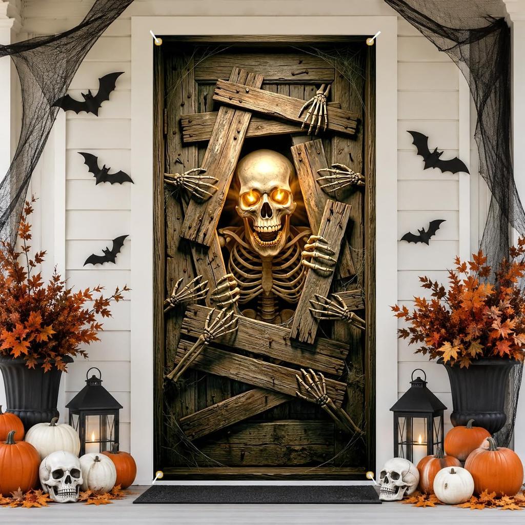 Halloween Horror Door Banner Long Haired Skeleton Ghost Haunted House Entrance Decor Spooky Theme Party Courtyard Ornament