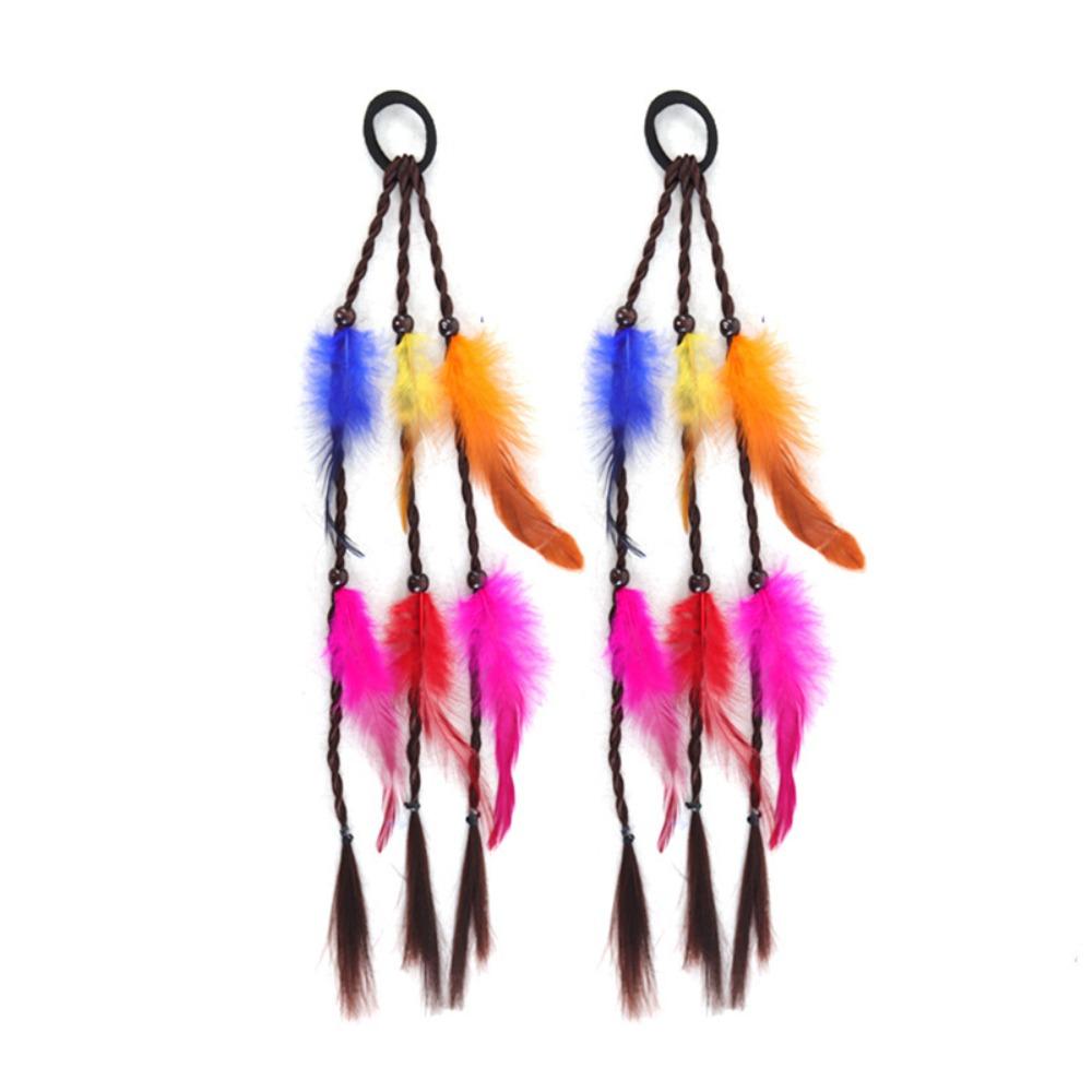 2pcs Rubber Band Headband Bohemian Feather Hair Extensions Handmade Twist Braid Ponytail Daily Use
