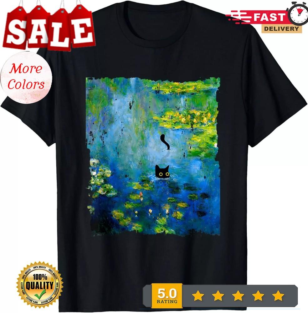 2025/Black Cat Monets Waterlily Painting Art Cat Lover T-Shirt Unisex T-Shirt S