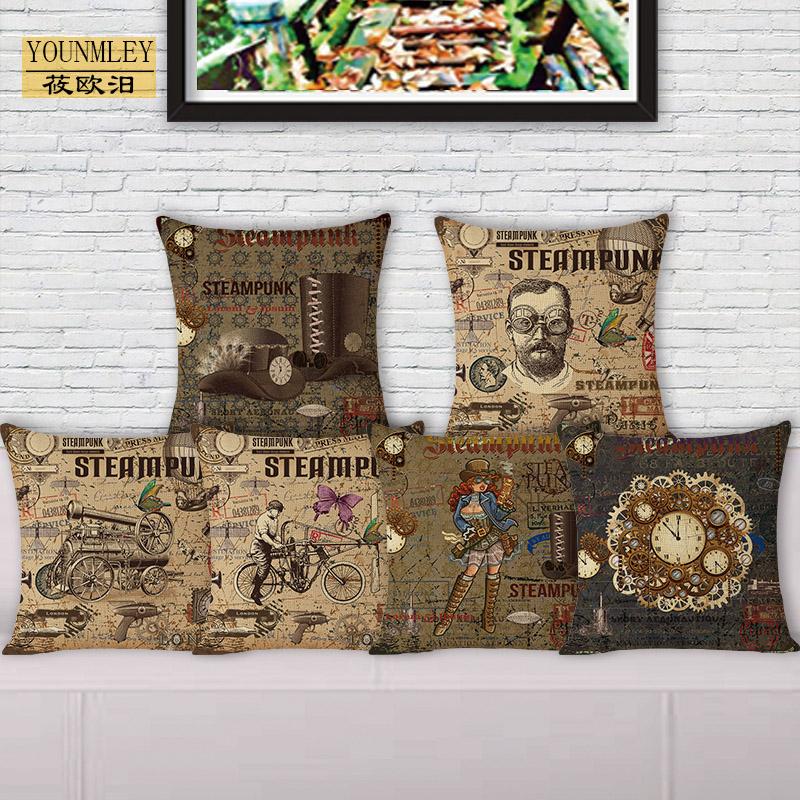 Short Plush Material Pillowcaseeuropean Style Vintage Steampunk Patterns Printed Cozy Couch Cushion Cover Home Decorative Pillow