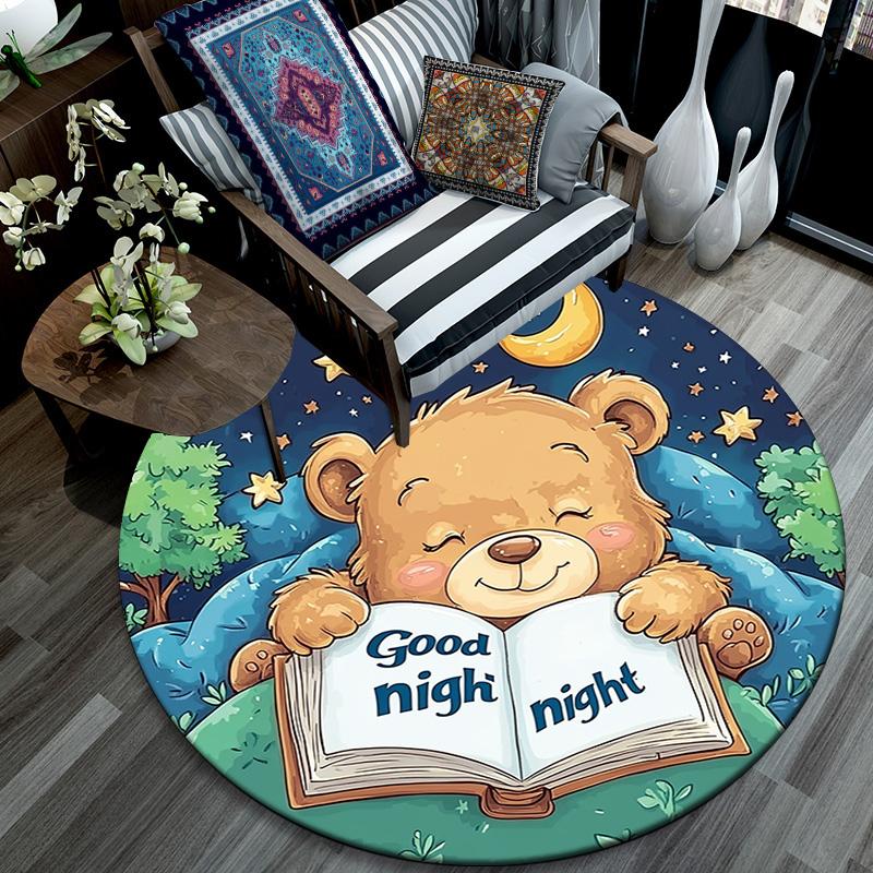 Teddy Bear Reading Book Round Area Rug,Carpet Rug for Living Room Bedroom Sofa Playroom Decor,Non-slip Floor Mat