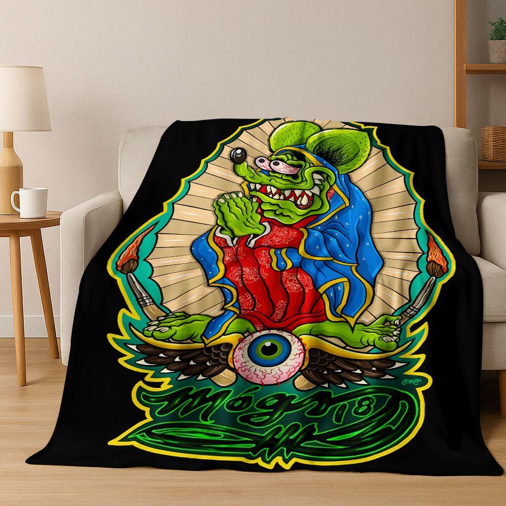 3D Buntowniczy RAT FINK Samochody Znak Kreskówkowy Koc Flanelowy, Ciepły i Przytulny Miękki Koc Rzutowy do Domu Sypialni Łóżka Sofy Pokrycie Piknikowe
