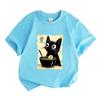 Kids Boys Girls 100% Cotton Crew Neck Short Sleeve T-Shirt, Cute Black Cat Ramen Noodle Graphic Tee Casual Summer Daily Wear Tops for Children