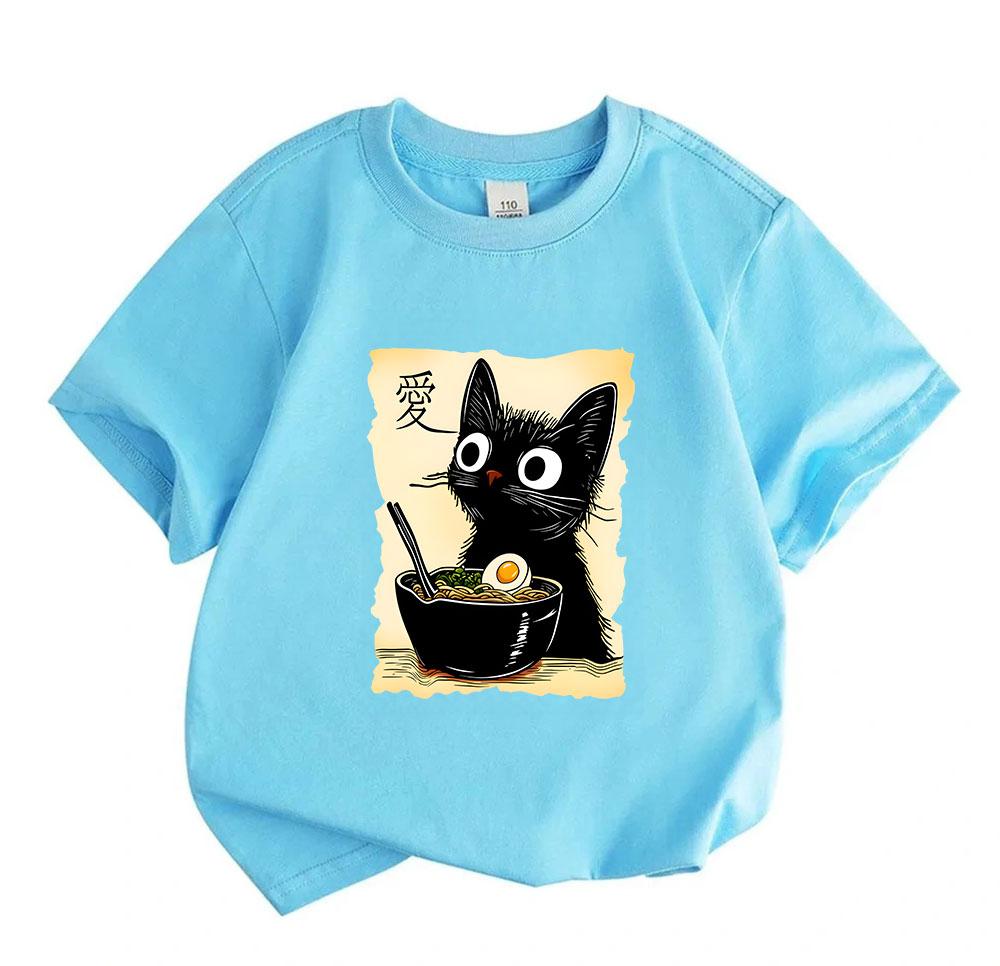 Kids Boys Girls 100% Cotton Crew Neck Short Sleeve T-Shirt, Cute Black Cat Ramen Noodle Graphic Tee Casual Summer Daily Wear Tops for Children