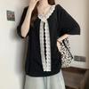 Women's V-Neck Lace Trim Tunic Top Contrast White Lace Panel Elbow Sleeve Casual Loose BlouseComfortable