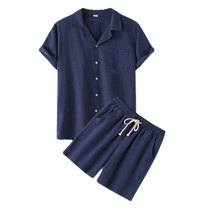 Summer Mens Solid Color Sets Fashion Lapel Short Sleeve Shirt Shorts Set Man Casual Daily Wear Street Breathable Lightweight Two Piece Outfit