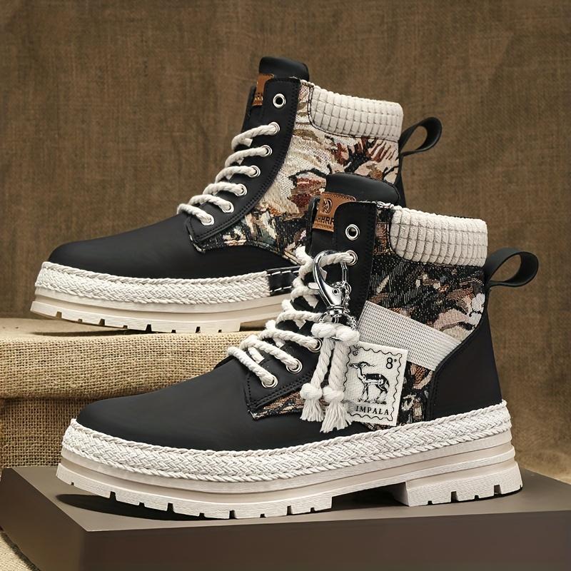 [Trendy High-Top Sneakers] Trendy High-Top Casual Sneakers - Men's Lace-Up Boots with Furry Collar & Side Zipper, Durable for Outdoor & Casual Attire