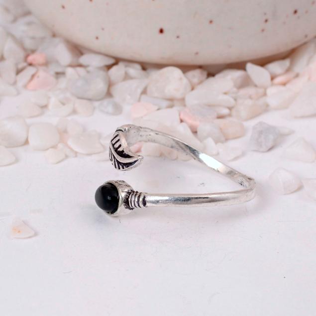 Adjustable Black Onyx Feather Ring | Silver Plated Boho Wrap Jewelry | Protection Stone Gift for Her