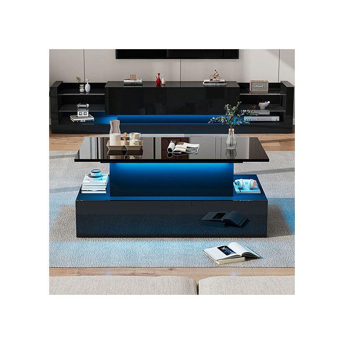 Konferenční stolek - MUVOE - Moderní - Lesklá černá - LED osvětlení - 4 zásuvky