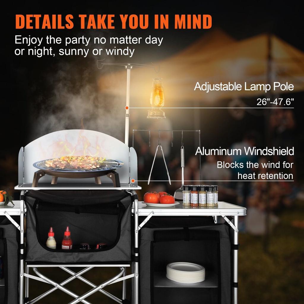 Camping Kitchen Table, Folding Outdoor Cooking Table with Storage Carrying Bag, Aluminum Cook Station 3 Cupboard & Detachable Windscreen, Quick Set-up