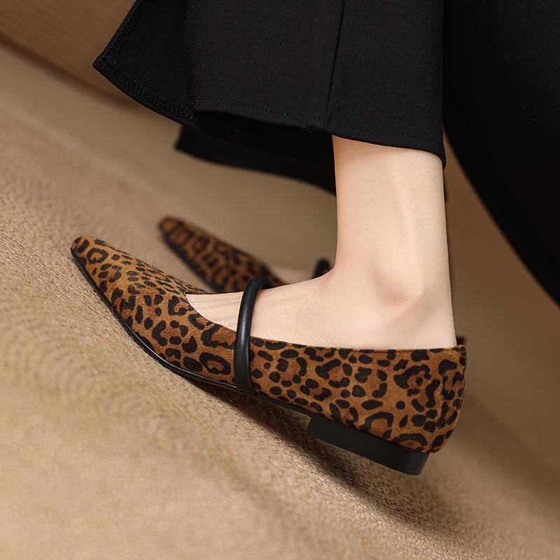 Fashion 2025 Spring Women Flats Pointed Toe Low Heel Sheep Suede Leather Women Shoes Concise Retro Leopard Print Mary Janes Ladies Shoes