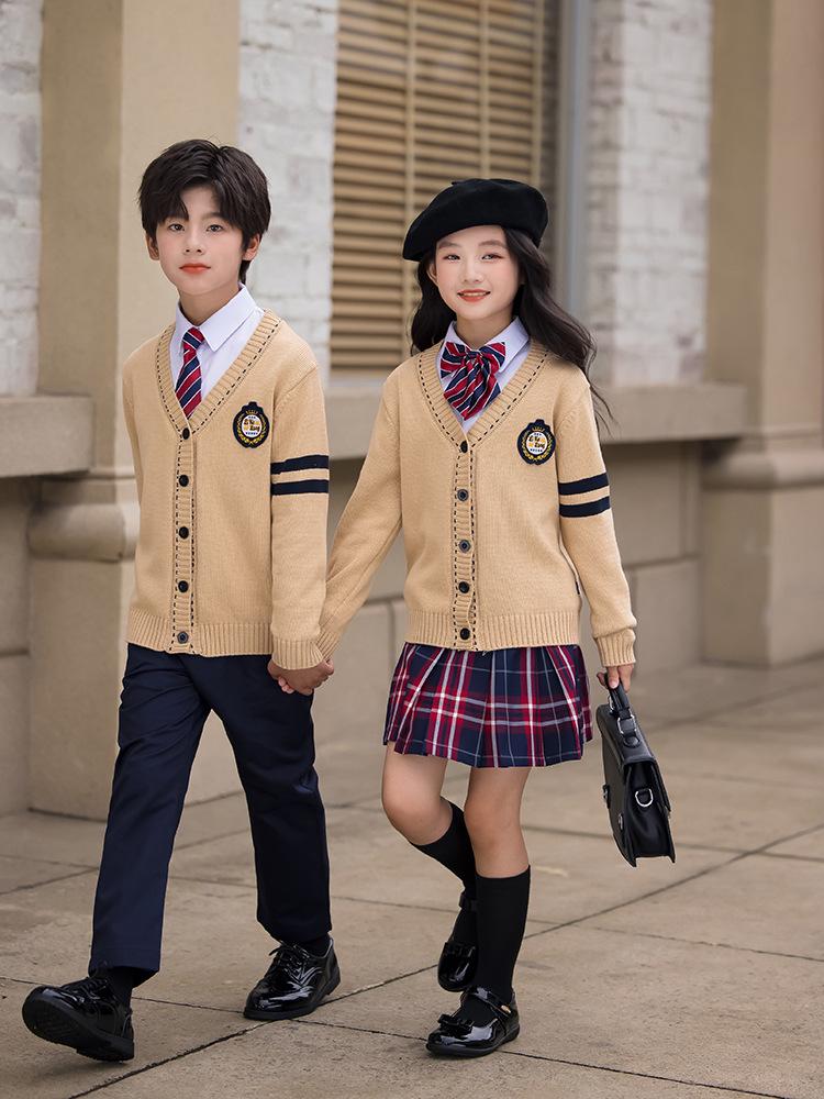 Children's British School Cardigan Three-Piece Set: Spring/Autumn Uniform for Primary and Kindergarten