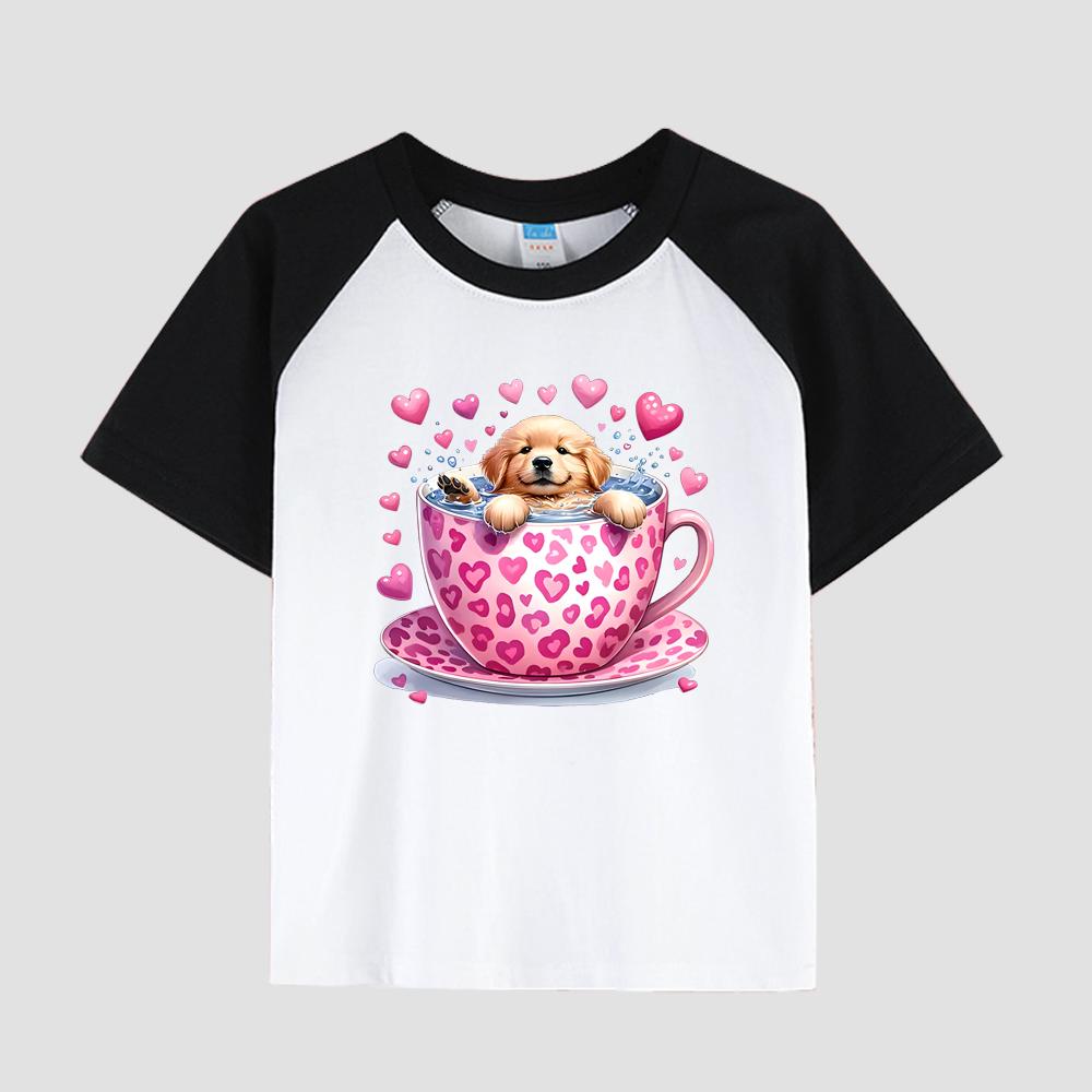 Children's Short Sleeve Cotton T-Shirt with Floral Print, Round Neck, Girls' Casual Fashion Top for Summer