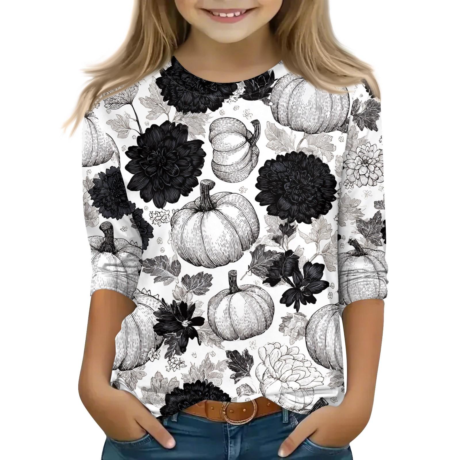 

Топы с принтом для девочек 5-16 лет с круглым вырезом и рукавами 3/4 Футболки Модные топы Наряды Футболки 160 белый