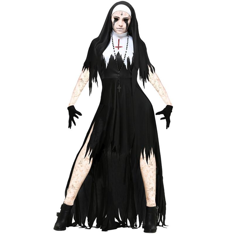 Women Sexy Nun Cosplay Costume Black Blooded Vampire Fantasy Dress Terror Halloween Horror Costume M чёрный