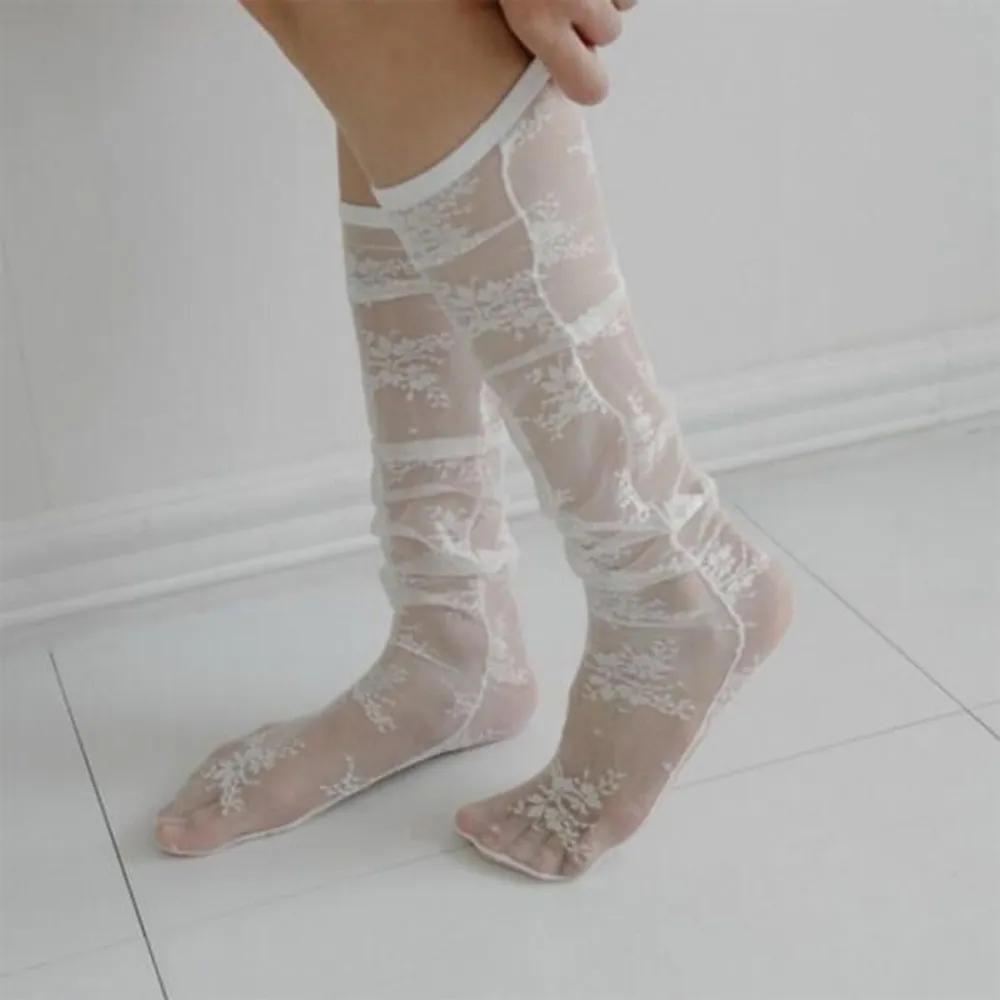 Women s Spring/Summer Lace Floral Embroidery See-through Knee Socks white