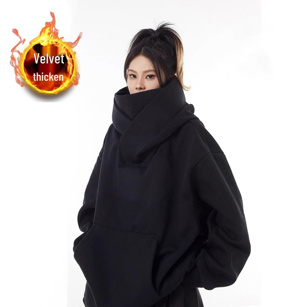 Unisex Trendy High-Collar Hooded Jacket with Velvet Lining for Social Anxiety