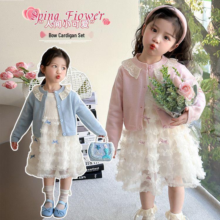 Girls' Spring & Autumn Cardigan Princess Dress Set 2025 - Sweet Two-Piece Outfit for Kids