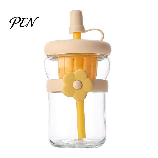 Glass Infuser Bottle for Green Tea Lovers Straw Cup, with Detachable Filter, Macaron Color Flower Cute Floral Women Decor, Portable Heat Resistant
