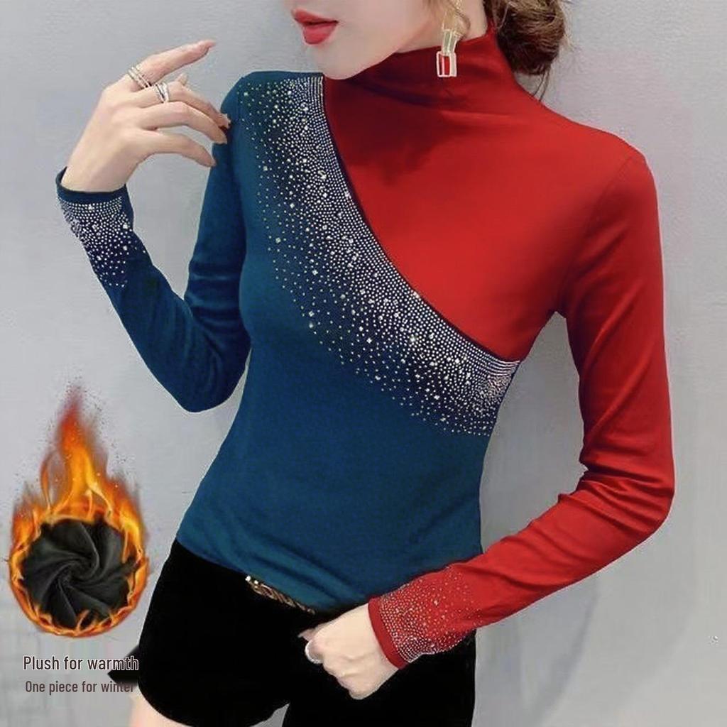 Camiseta Base de Manga Larga con Bloques de Color, Pedrería y Cuello Semi Alto, Forrada de Forro Polar para Mujer - Moda Otoño/Invierno 2025.