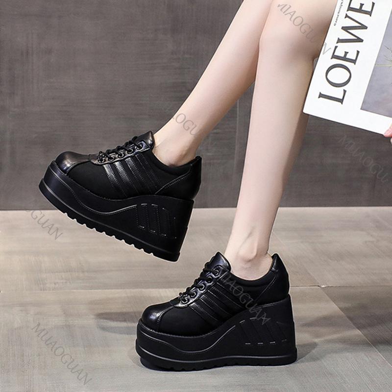 Fashion Women's Platform Shoes Punk Style Platform Women Pumps Black Fashion Wedges High Heels Ladies Shoes Large Size Lace Up Sneakers