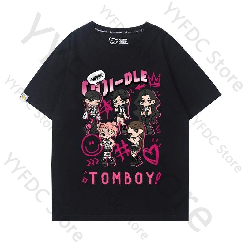 Gidle IDLE T Shirt MIYEON MINNIE Soyeon YUQI SHUHUA Cartoon Print Tshirt Women Unisex Fashion Summer Cotton Short Sleeve Tee Tops
