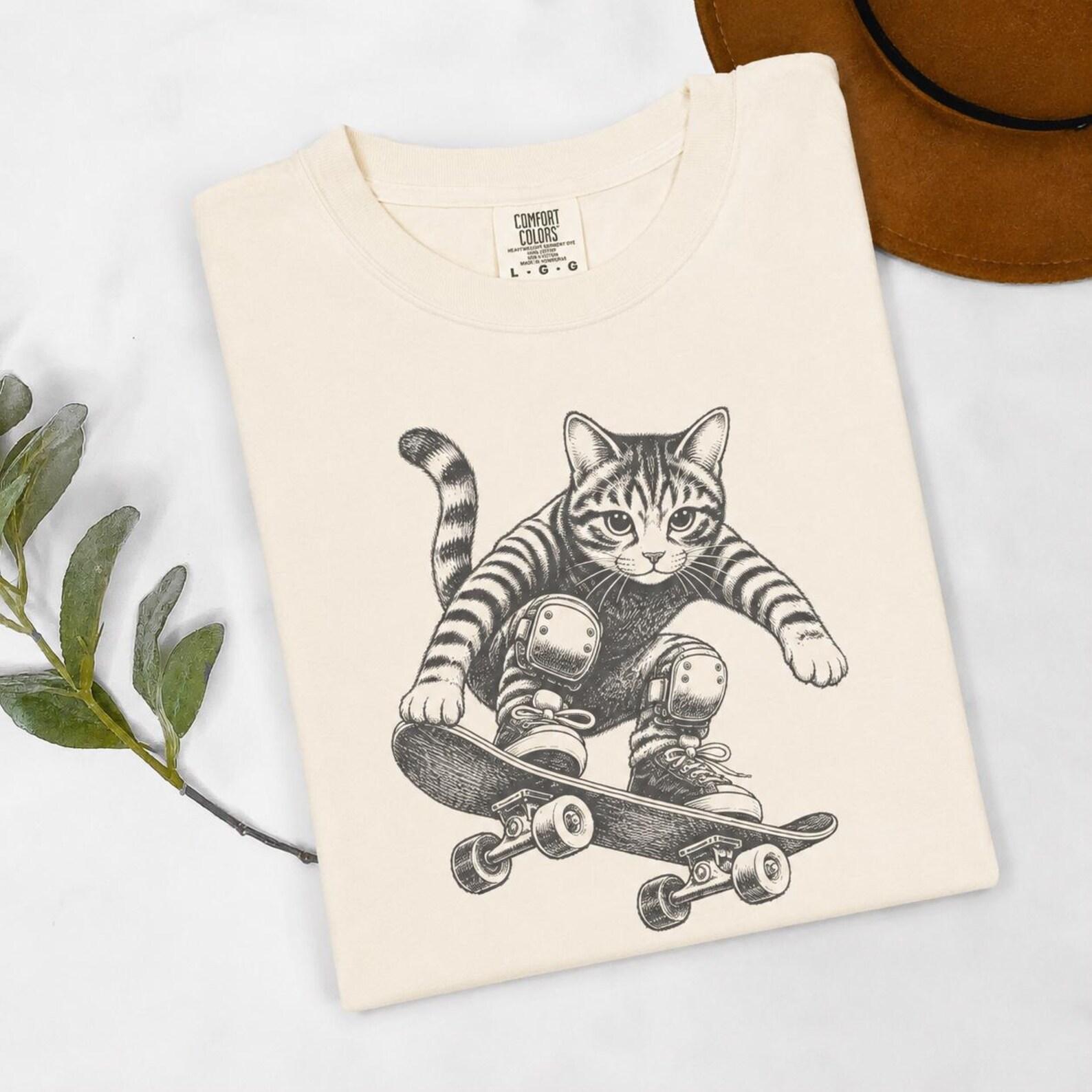 Skateboarding Cat Shirt, Y2K Cat Meme Graphic Tee, Vintage Skateboarder T-Shirt, Retro Meme Cat Shirt XL