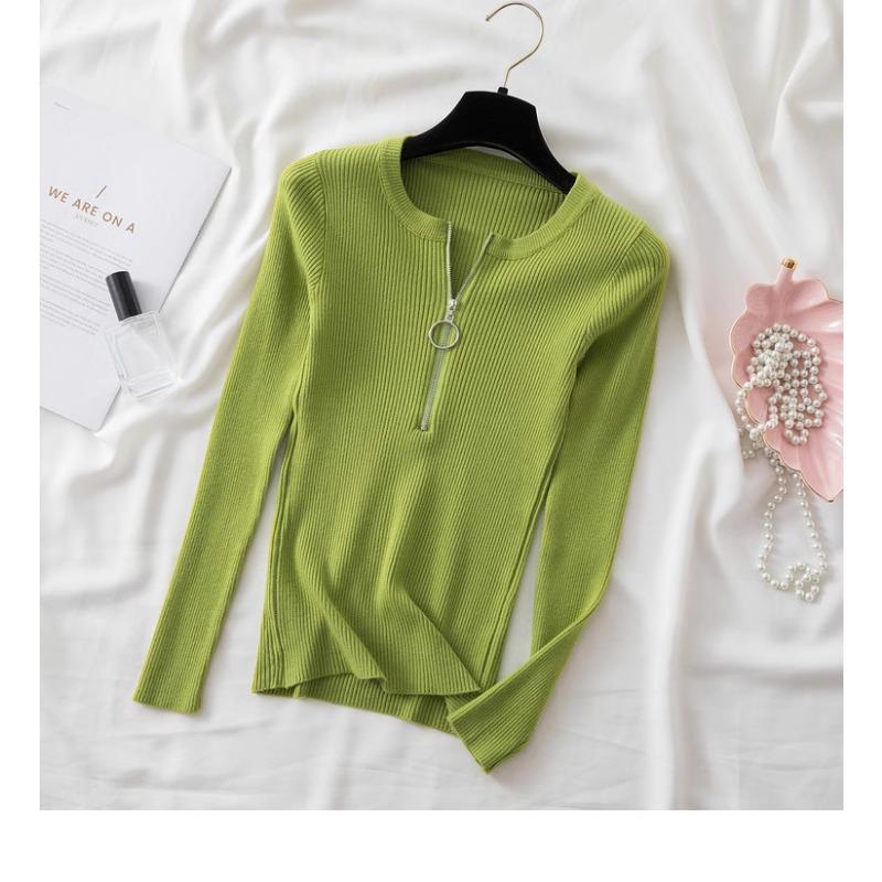

Осенняя корейская мода на молнии с круглым вырезом, свитер, женский тонкий длинный рукав, трикотажная нижняя рубашка, повседневный вязаный базовый свитер, одежда 2177 One Size светло-зеленый