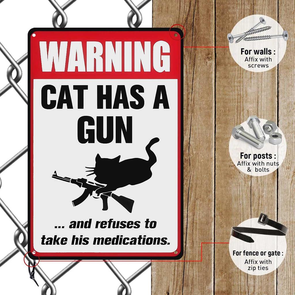 Warning Cat Has Gun Refuses Take Medication Vintage Metal Tin Signs Decorative Tin Signs Art Plaque Poster for Man Cave