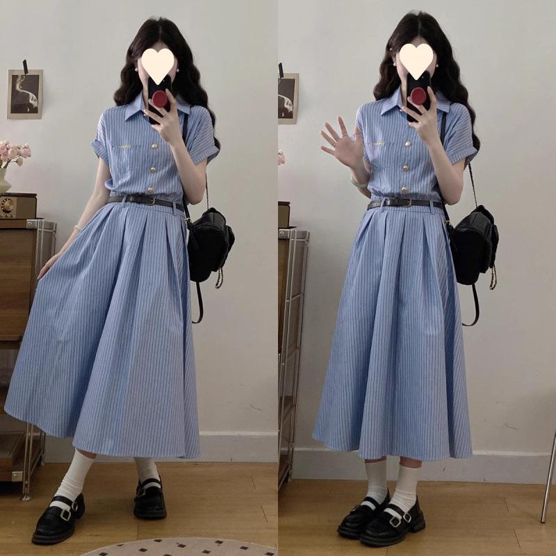 New High-end Blue Striped Shirt Dress Children's Summer Temperament Waist Polo Dress