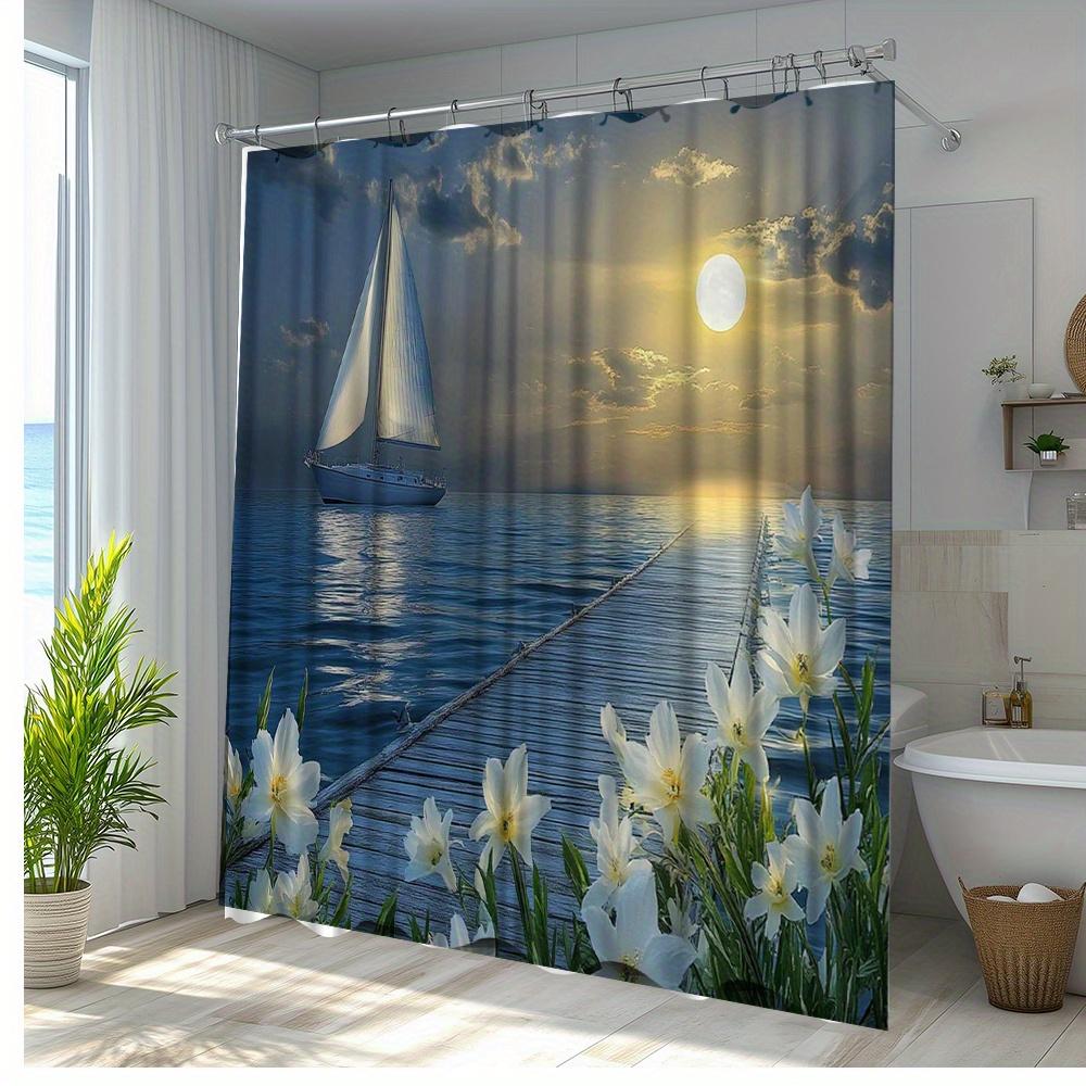 1pc Sailing Boat Bathroom Shower Curtain Scenery with Ocean, Moonlight and Flowers Polyester Fabric Bathroom Decor