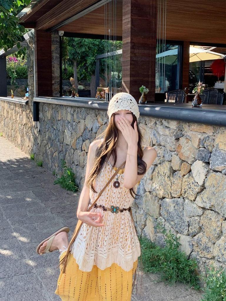 Bohemian Korean-Style Tassel Camisole Dress & Layered Lace Cover-Up Set for Women (Summer)