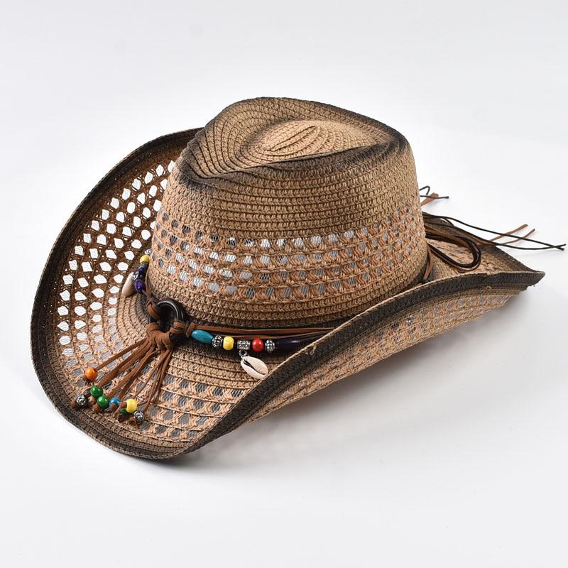 Bohemian Style Straw Cowboy Hat Women Men Hollow Out Sun Protection Beach Hat for Summer, Breathable Straw Material