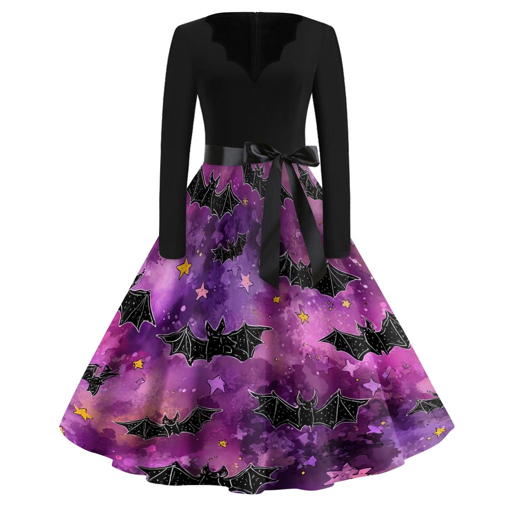 Women's Vintage V Neck Dress Long Sleeve Casual Halloween Print Retro Style Fit and Flare Midi Dress with Waist Tie and Floral Skeleton Cat Pattern