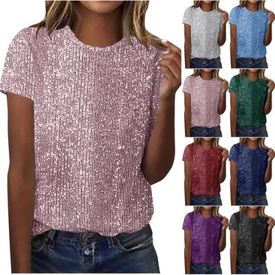 Top Casual da Donna Multicolore Girocollo Manica Corta con Glitter e Scintillio