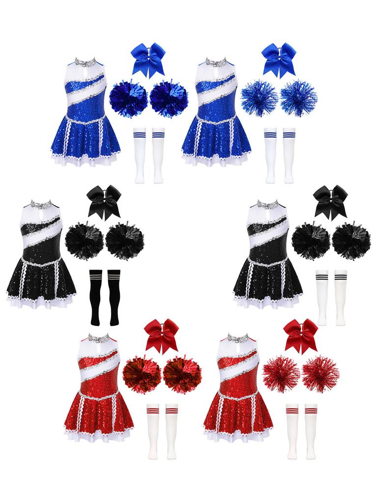 Complete Cheerleading Performance Set for Girls: Shiny Sequin Dress, Bow Headband, 2 Hand Flowers & Striped Socks, Invisible Zipper Back