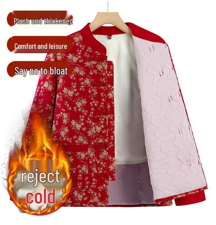Chinese Style Velvet Cotton Jacket for Middle-Aged and Elderly Women - Retro Autumn/Winter Warm Outerwear