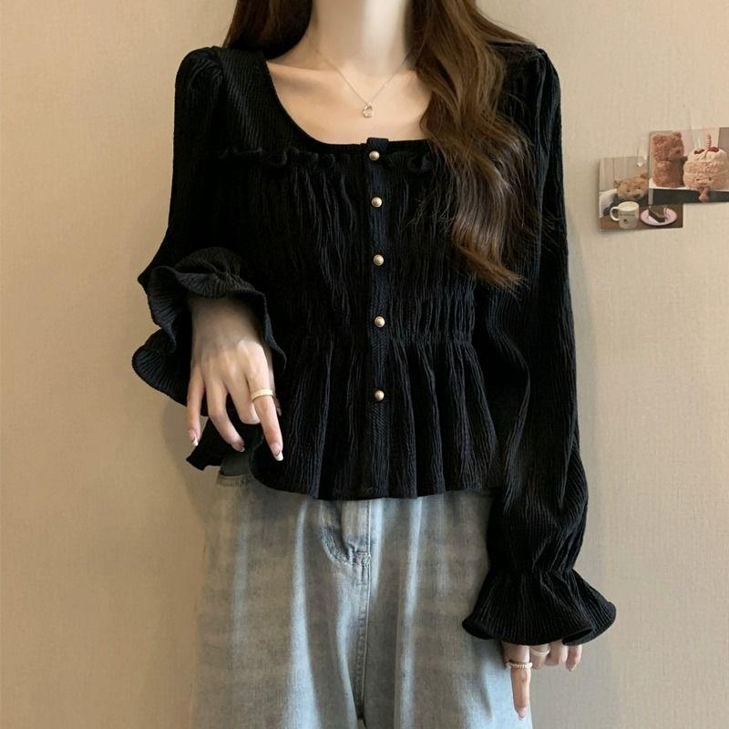 

Рубашка в винтажном стиле во французском стиле, весна-осень, новая, однобортная, женская, элегантная, с квадратным воротником, модная блузка с оборками S