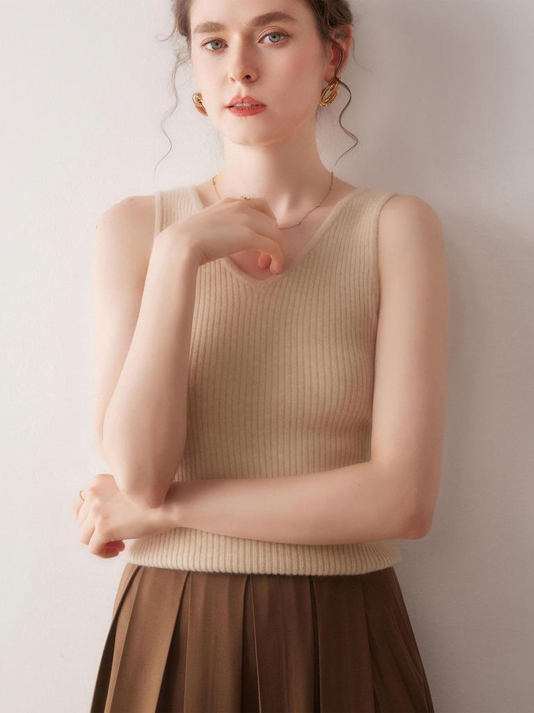 Women's 100% Pure Cashmere Striped Slim-Fit V-Neck Sleeveless Knit Vest