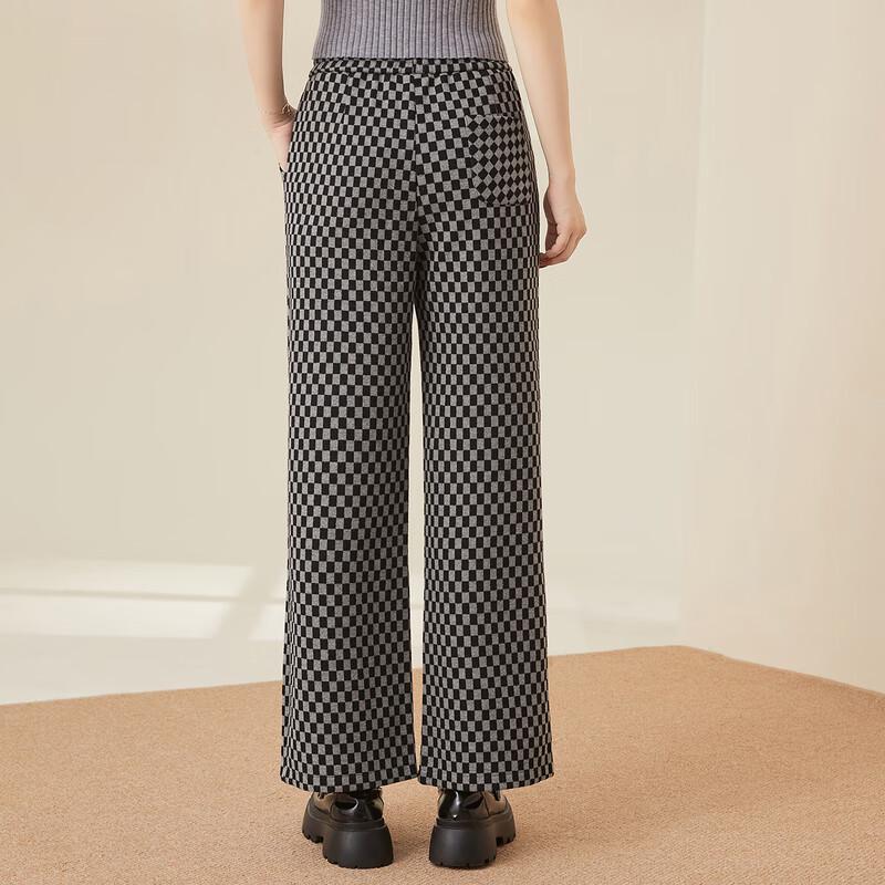 Women's Plaid Wool Blend Straight Wide-Leg Trousers