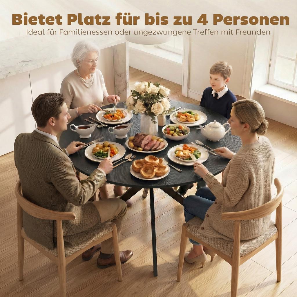 Round Dining Table for 4 People, Industrial-Style Kitchen Table with Steel Legs, for Dining Room, Kitchen, Black